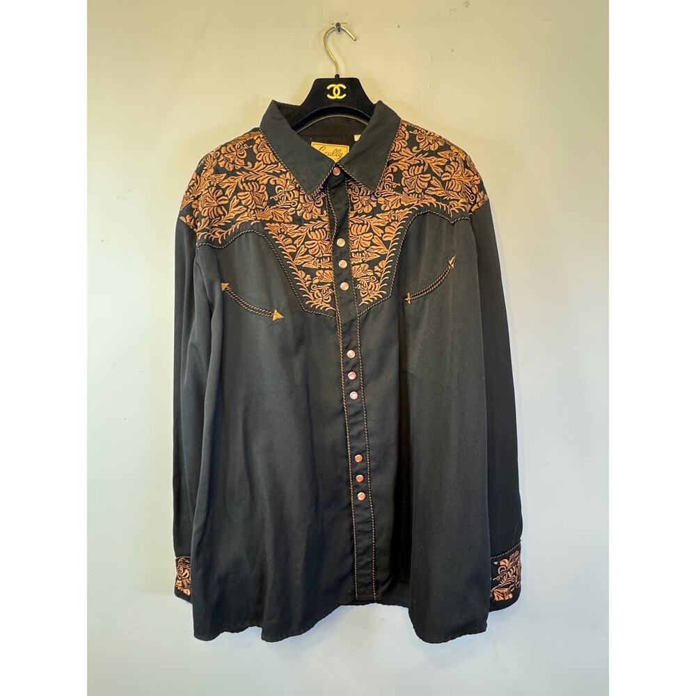 Scully Men's Black Western Snap Shirt with Embroidered Floral Yoke Size 3XL